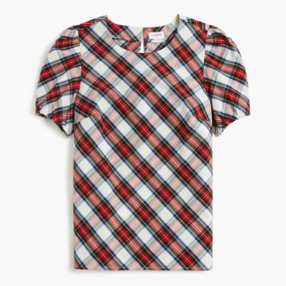 J. Crew Stewart Plaid Tartan Top Blouse Shirt XL Short Puff Sleeve BV626 Office